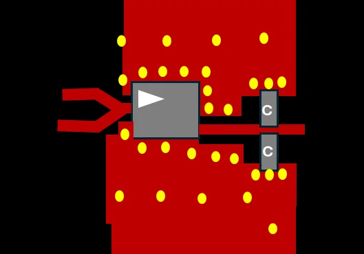 Layout with bulk capacitors grounded directly to the plane and an extended VOUT rail