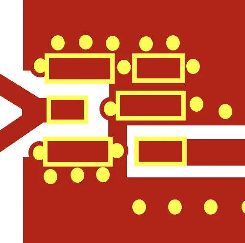 Layout with many yellow ground vias surrounding the Harmony footprint