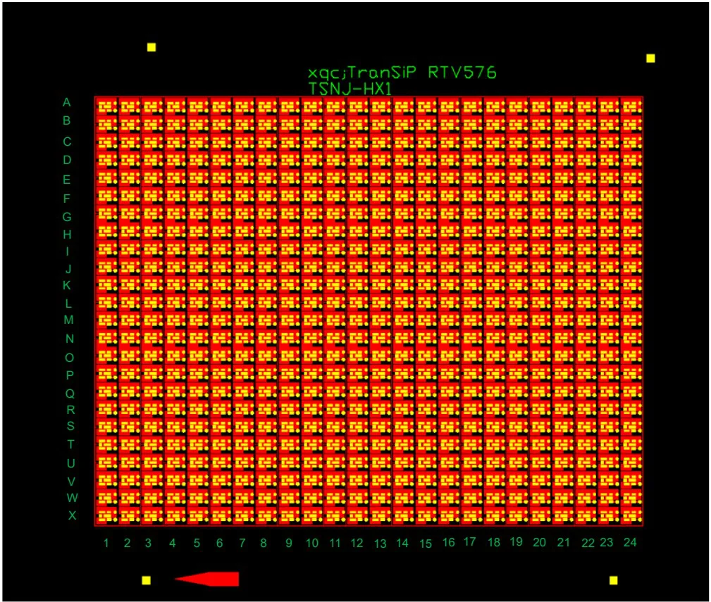 RTV test board layout: a 24 by 24 grid of LGA-2226 footprints on red copper, 576 sites per board
