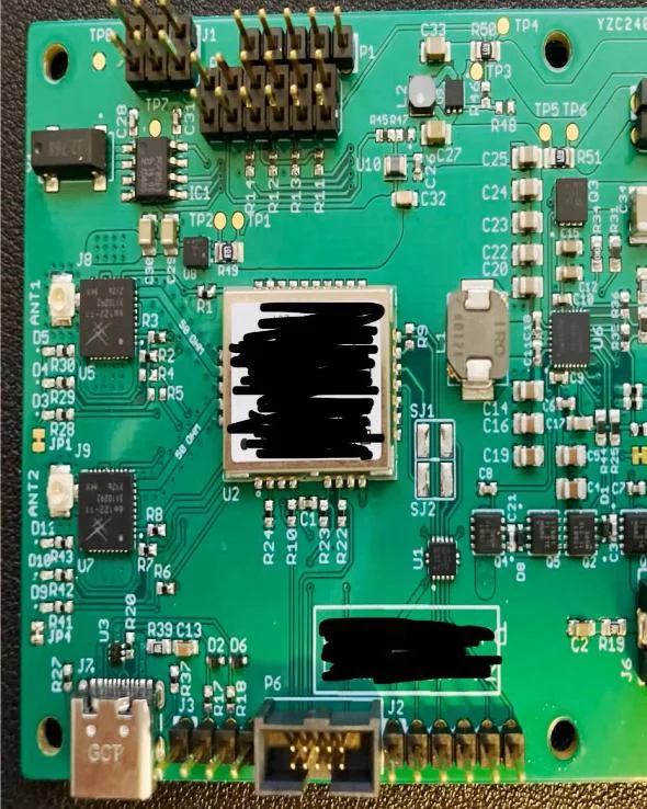 Customer PCB with two RF front-end modules and no decoupling parts around them, a Harmony filter, and the PMIC marked as noisy