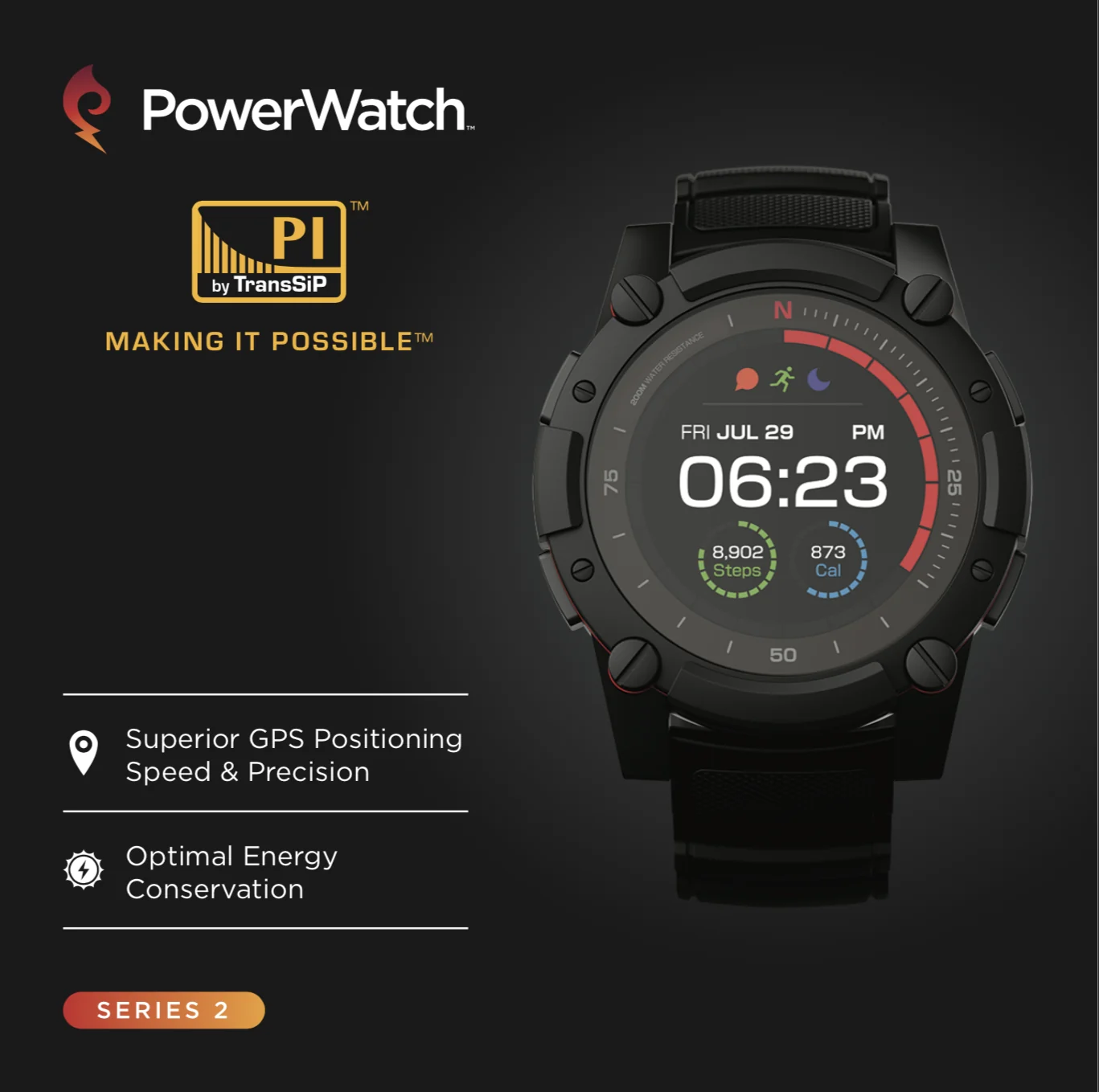 PowerWatch 2 smartwatch with the PI by TransSiP mark